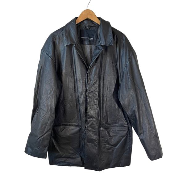 Vintage KENNETH COLE Mens Genuine Leather Coat Jacket Black Large Classic Grunge - Picture 2 of 12